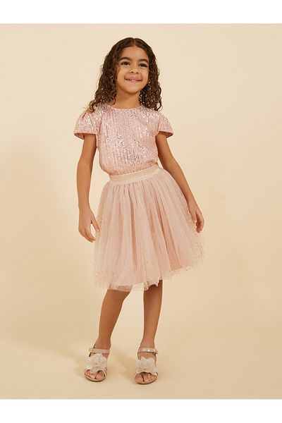 Styli Sequins Round Neck Top and Mesh Skirt Set