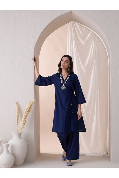 Femmella By Styli Cotton Textured Dobby Wrap Kurta with Straight Pant Co-Ords