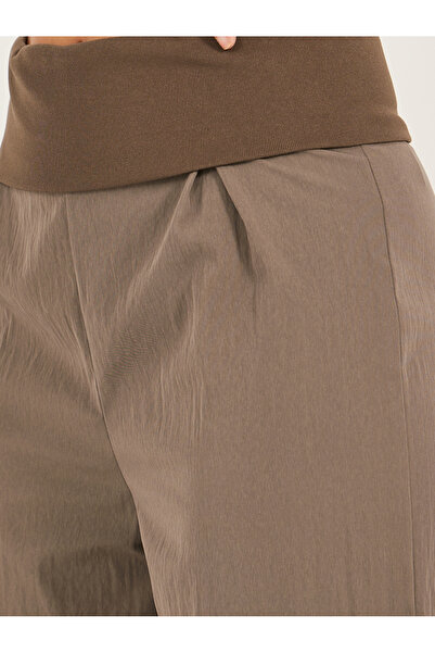 Styli woven wide leg pleat pants full length with inverted rib waist band knitted fabric - broad belt