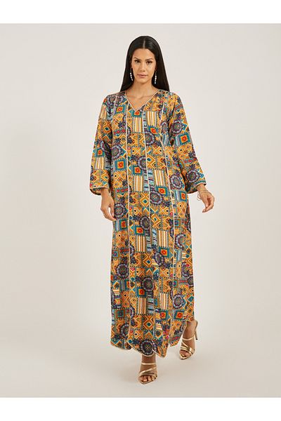 Maxim Creation By Styli Abstract Print V-Neck A-Line Jalabiya