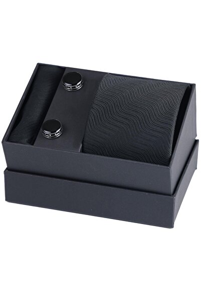 Esgue Hand Made Patterned Black Tie & Handkerchief & Special Design Cufflink ...