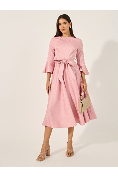 Styli فستان ميدي بقصة A مع رقبة قارب وربطة على الخصر وأكمام 3/4