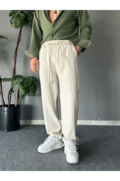THEMANN Detailed Beige Baggy Jogger Rope Belt