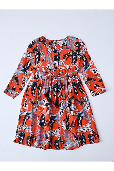 Bella Moda By Styli All-Over Print Fit and Flare Round Neck Dress with Long Sleeves
