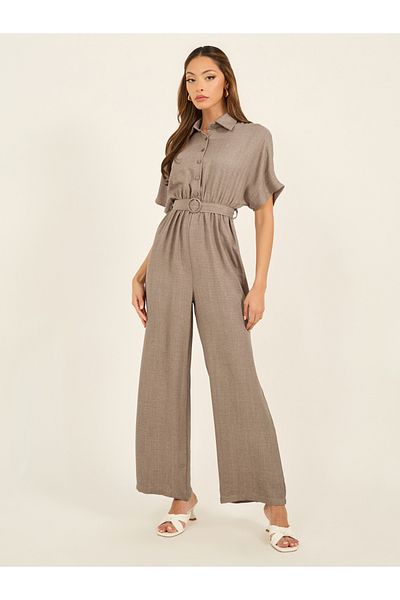 Styli shirt collar short sleeve jumpsuit with straight legged fit