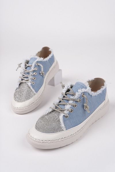 MUGGO Pantofi sport casual pentru femei, cu șireturi, cu strasuri, din denim