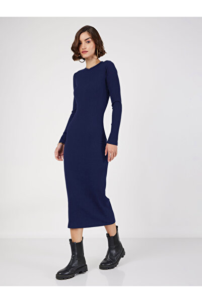 Sassafras By Styli Rib Knit Bodycon Round Neck Midi Dress