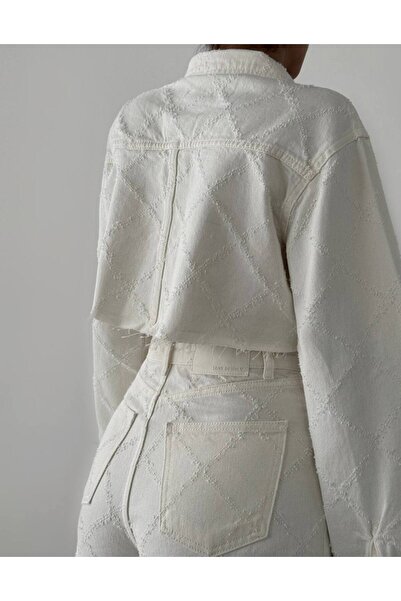 Quzu Cream Color Crop Denim Jacket - Knitted Detail and Buttons