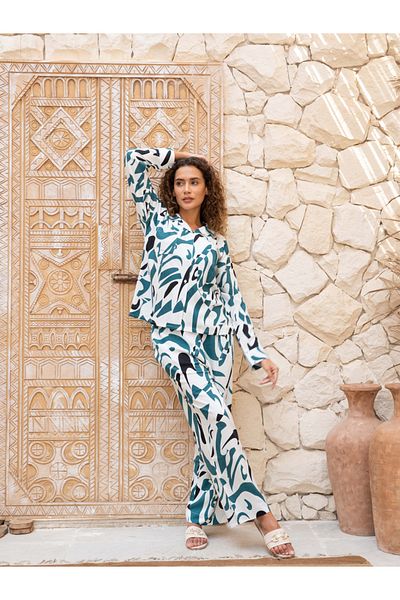 Sanskrutihomes By Styli Abstract Printed Spread Collar Shirt and Pyjama Set