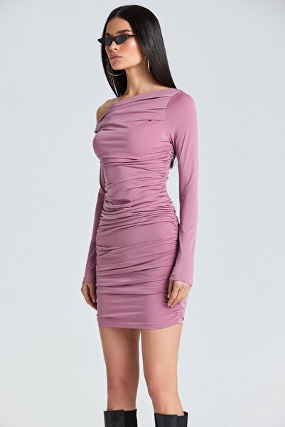 World Fashion Trends S2005 Φόρεμα με έναν ώμο με κορδόνια σε ροζ σταχτό χρώμα