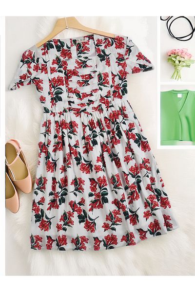 Bella Moda By Styli All-Over Floral Print Square Neck Fit and Flare Dress