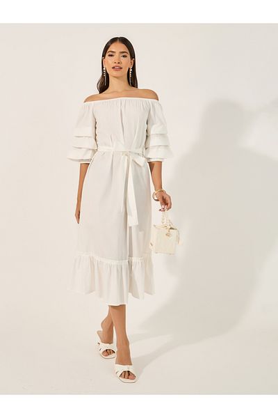 Styli Off Shoulder Ruffled Hem A-Line Midi Dress