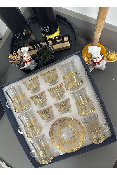 Modern shop Turkish Dark House Pattern Set of 6 Coffee Cups, 6 Tea Cups and 6 Saucers, Gold Color