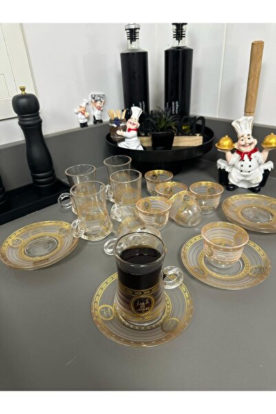 Modern shop Turkish Dark House Pattern Set of 6 Coffee Cups, 6 Tea Cups and 6 Saucers, Gold Color