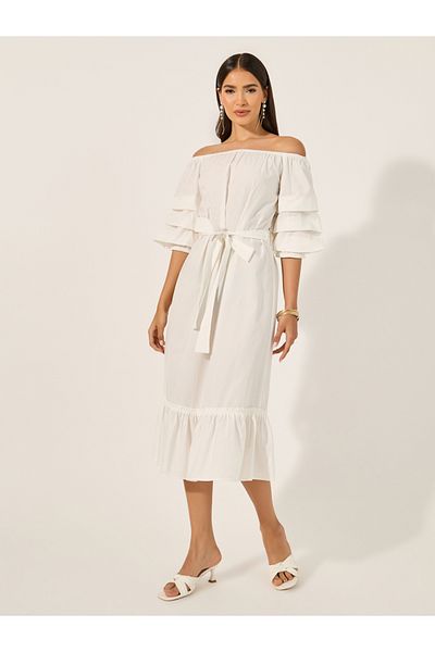Styli Off Shoulder Ruffled Hem A-Line Midi Dress