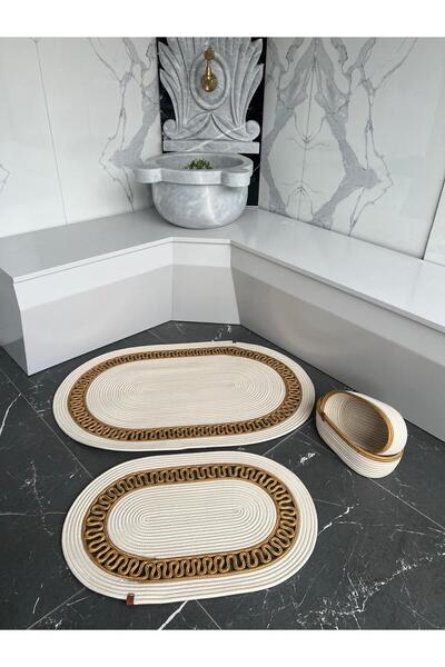 Türkmen Ev Tekstil Jute, Wicker, Bath Mat Set, Bathroom Basket Set, Mat Set, Bathroom