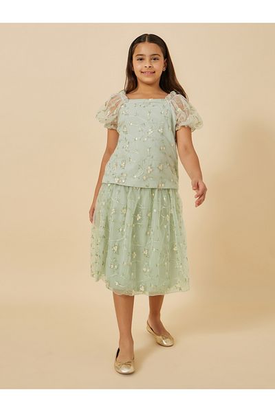 Styli Embroidered Puff Sleeve Top and Skirt Set