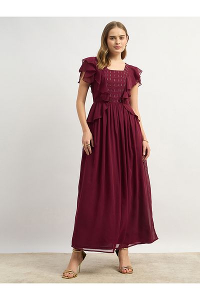 Styli Embellished Detail Ruffled A-Line Maxi Dress