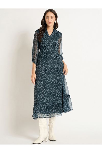 Femmella By Styli Floral Print V-Neck Ruffled Hem Midi Dress