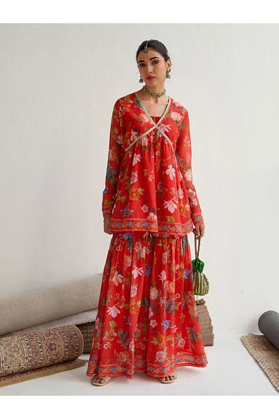 Sassafras By Styli Floral Print Peplum Top with Sharara Pants Set