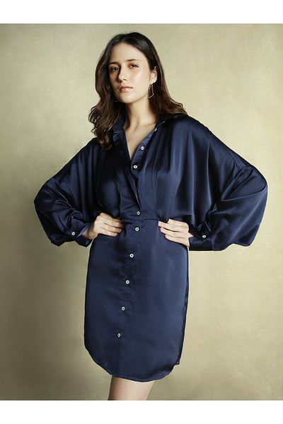 Dennis Lingo By Styli Solid Satin Shirt Mini Dress