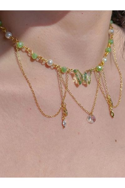 Reorah Collection Tinker Fairy Choker Necklace-Green Butterfly Beaded Pearl Choker Necklace
