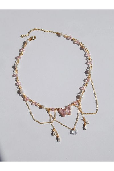 Reorah Collection Fairy Rosetta Choker Necklace-Pink Butterfly Beaded Pearl Choker Necklace