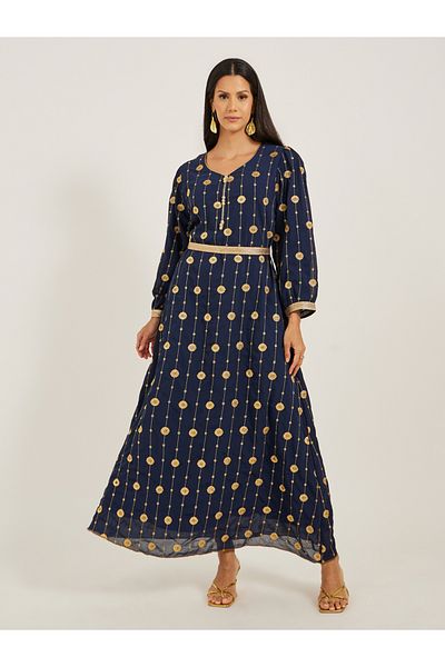 Maxim Creation By Styli Embroidered V-Neck A-Line Kaftan with Belt