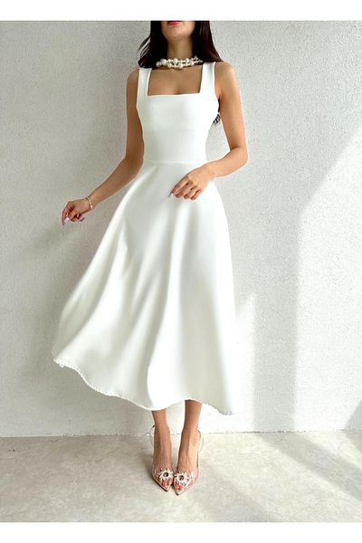 bayansepeti Women's Atlas Fabric Square Collar White Flared Midi Evening Dress 151