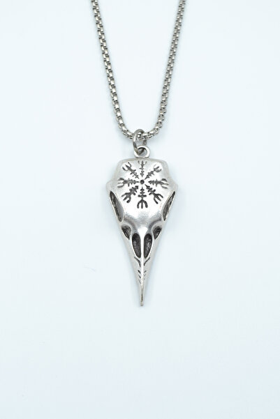 Mysterious Beacon: Raven Skull Vegvisir Necklace Knitted Chain Silver Plated