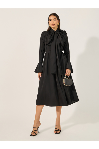 Styli Bell Sleeve Tie-Up Neck A-Line Midi Dress