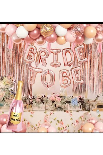 Çemrek Süs Parti Rosegold Bride to Be Foil Balloon Set Rose Backdrop Curtain Champagne Balloon Chain Set 53 Pieces