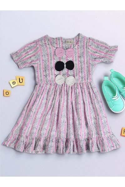 Bella Moda By Styli All-Over Print Round Neck Bow Details Dress