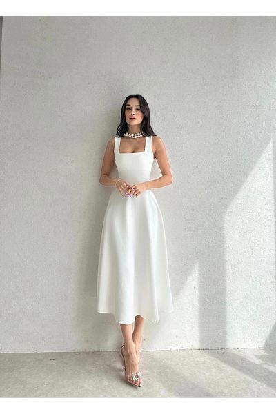 bayansepeti Women's Atlas Fabric Square Collar White Flared Midi Evening Dress 151