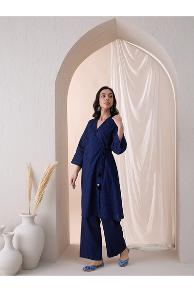 Femmella By Styli Cotton Textured Dobby Wrap Kurta with Straight Pant Co-Ords