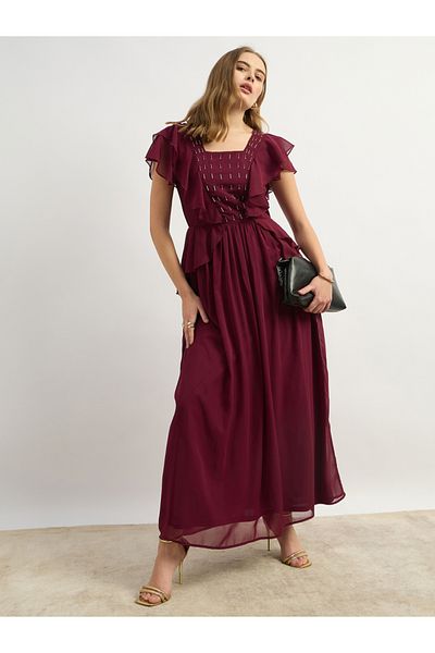 Styli Embellished Detail Ruffled A-Line Maxi Dress