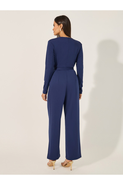 Styli Solid V Neck Long Sleeve Jumpsuit with Waist Tie-Up Detail