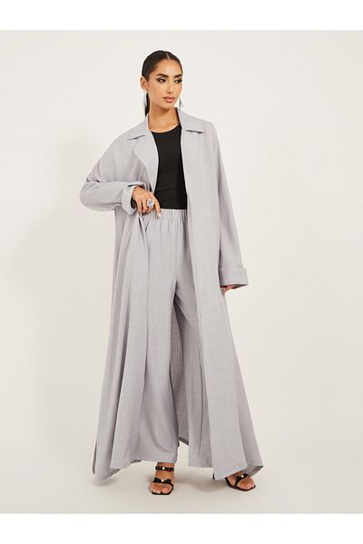 Styli collar style regular fit abaya with wide leg pants modest set