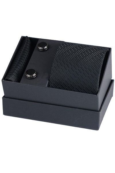 Esgue Set cadou cravată neagră și batistă cu model lucrat manual și butoni email negru