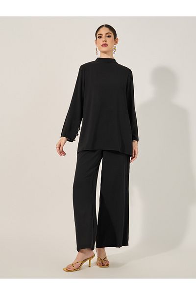 Styli high neck long top w/ metallic button trim at sleeve cuff and wide leg pants modest set