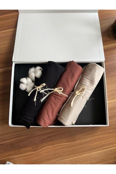 VaVscarfs Hijab Combed Cotton Shawl Hijab Model Set of 3 Black-Brown-Light Latte