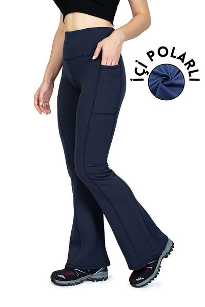 The Step Sports Jambiere de iarnă cu nervuri - bleumarin, picior spaniol, buzunar din lână, talie înaltă