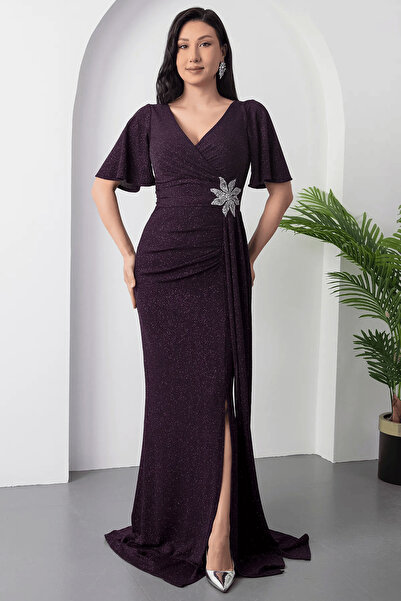 Efelif Mor Beli Çiçek Taş Detaylı Simli Abiye Elbise ABU39938