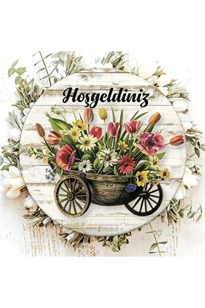 Dekor Vagonu Hoşgeldiniz Yazılı Çiçek Dolu El Arabası Kapı Süsü Rustik Bahar Dekorasyonu