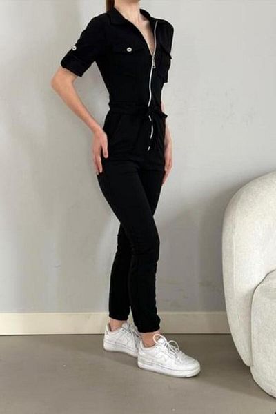Mossta Crepe Jumpsuit with Elastic Legs and Zipper Button Detail