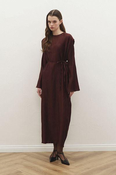 Hooopstore Aller Detailed Textured Brown Satin Dress
