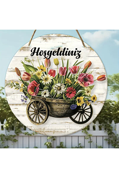 Dekor Vagonu Hoşgeldiniz Yazılı Çiçek Dolu El Arabası Kapı Süsü Rustik Bahar Dekorasyonu