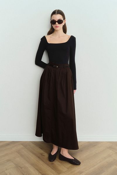 Hooopstore Lidia Pleated Detailed Brown Skirt