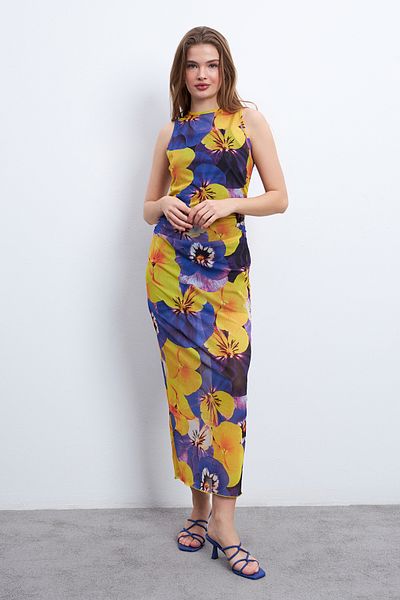 Know Rochie din tul căptușită fără mâneci cu model galben albastru