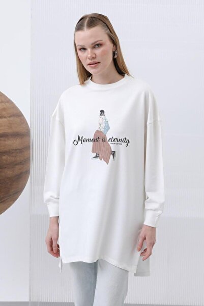 Puane İki İplik Kumaş Yazı Ve Nakış İşlemeli Tunik 10635